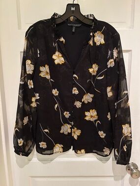 White House Black Market Black Floral Ruffled V-Neck Blouse